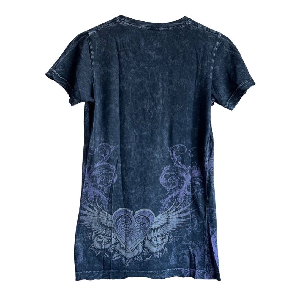 Sinful by Affliction T-Shirt Acid Wash Winged Heart Rhinestone Grey, Wms Med
